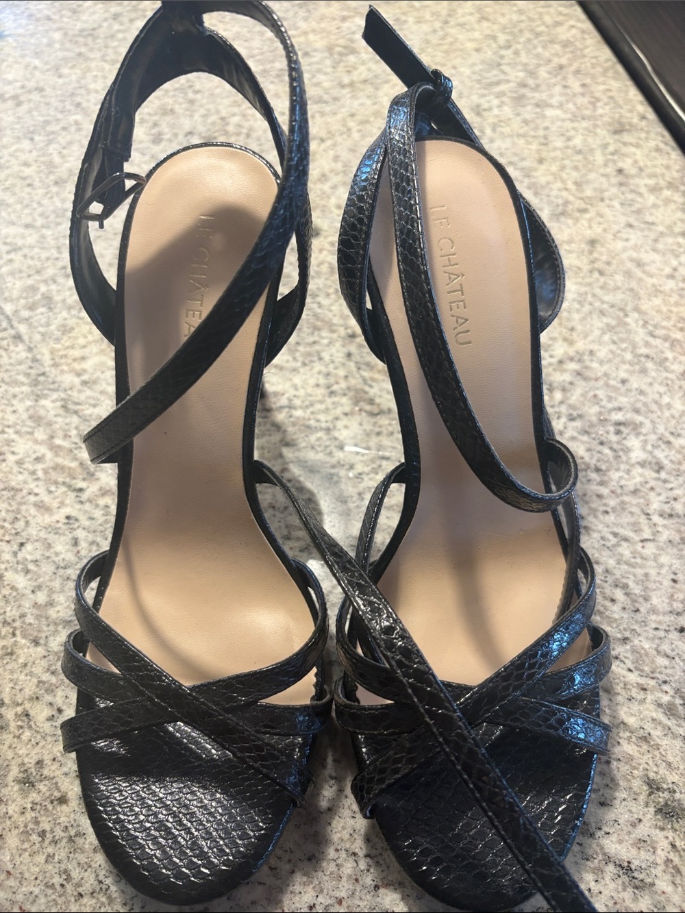 le chateau Black Strappy Snakeskin-Texture Heeled Sandals
